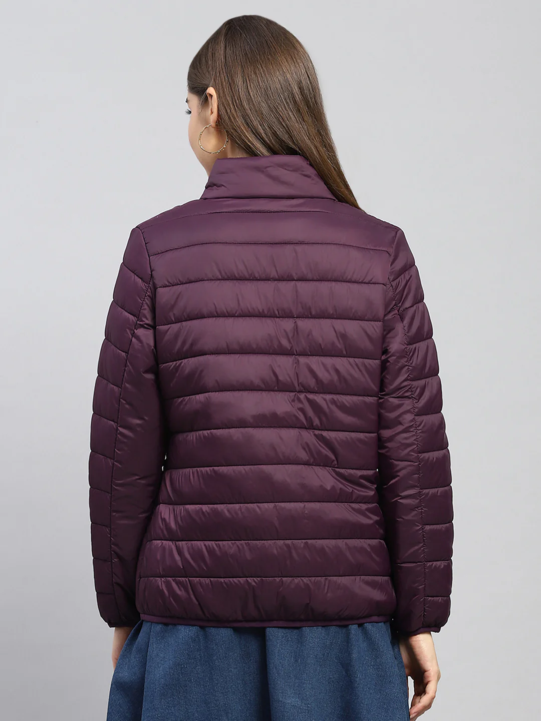 Women Burgundy Self Design Mock Neck Full Sleeve Jacket - Image 5