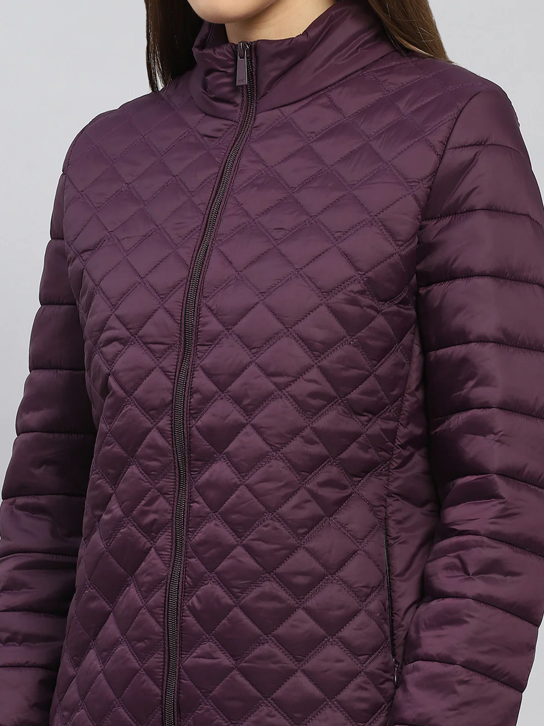 Women Burgundy Self Design Mock Neck Full Sleeve Jacket - Image 7