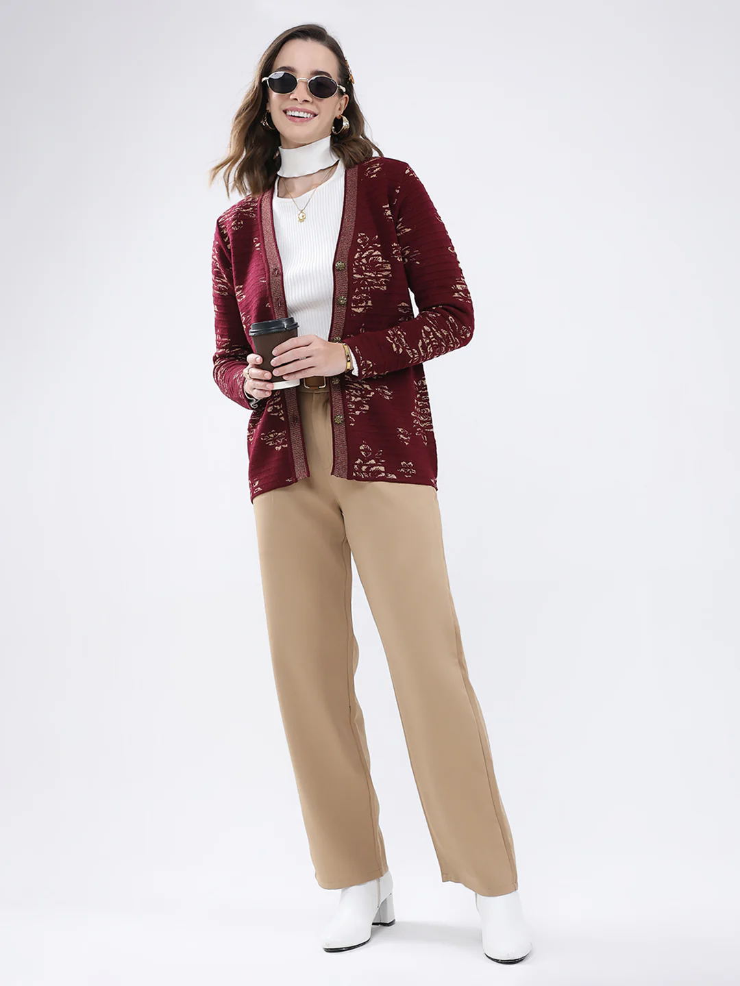 Women Burgundy Self Design V Neck Full Sleeve Cardigan - Image 2