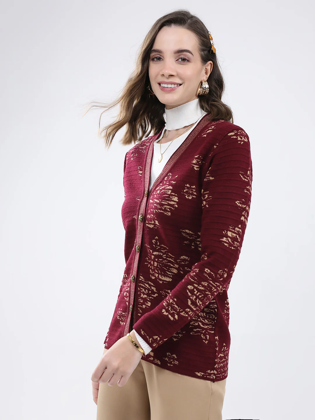 Women Burgundy Self Design V Neck Full Sleeve Cardigan - Image 3