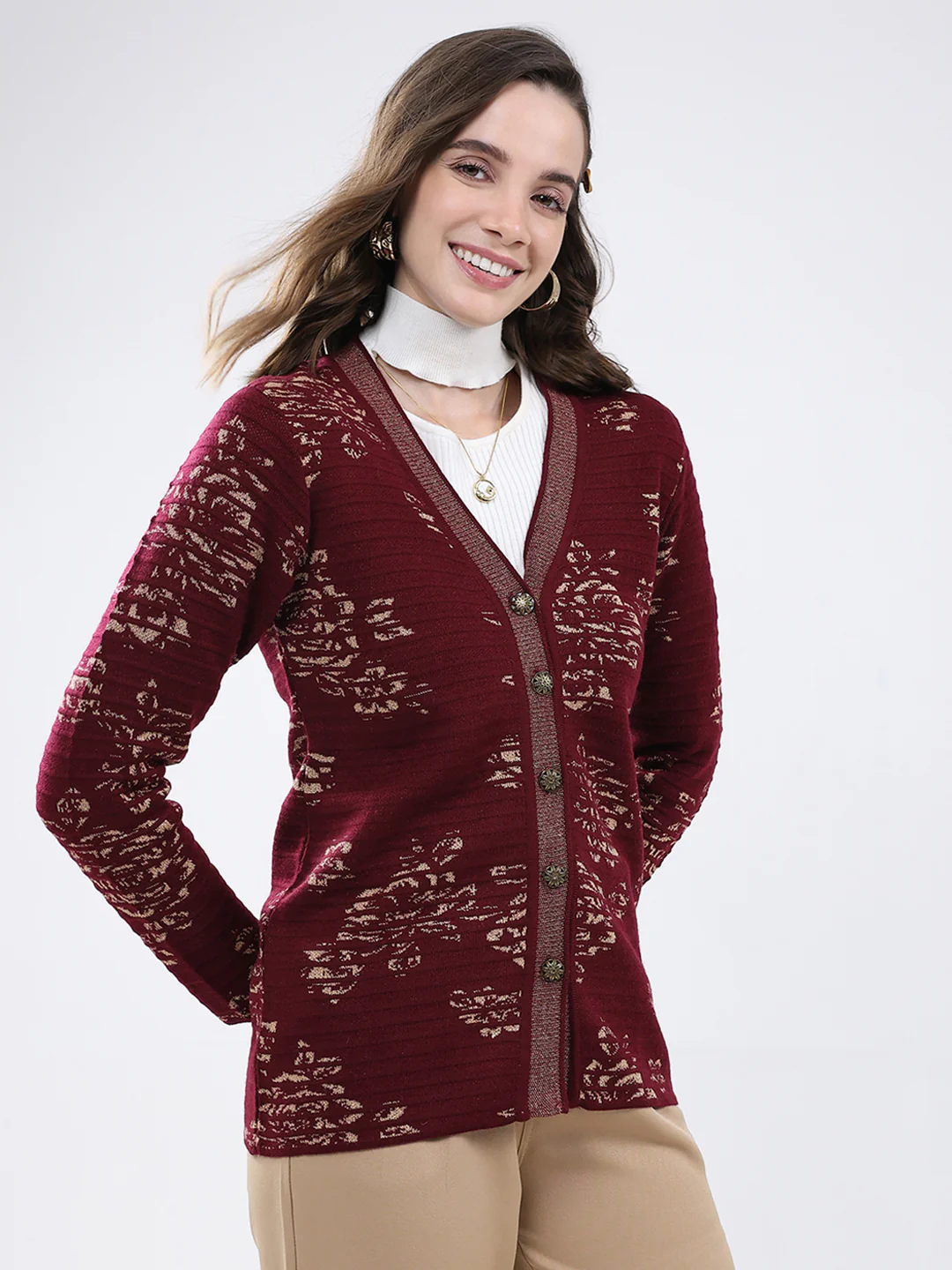 Women Burgundy Self Design V Neck Full Sleeve Cardigan - Image 4