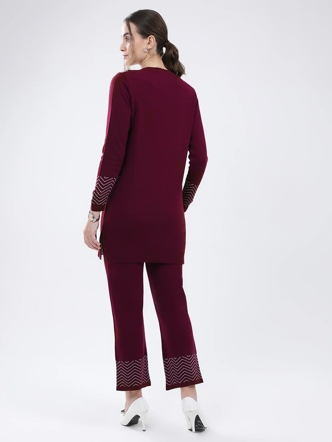 Women Burgundy Self Design Round Neck Full Sleeve Cords Set - Image 2