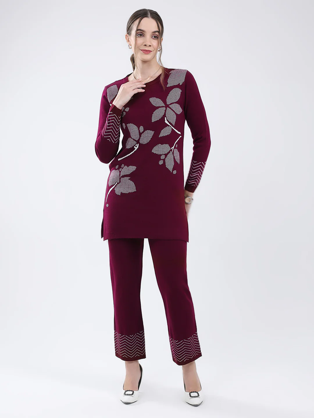 Women Burgundy Self Design Round Neck Full Sleeve Cords Set - Image 4