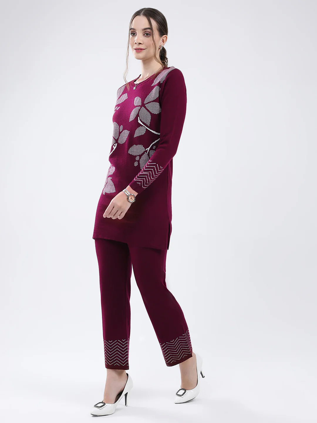 Women Burgundy Self Design Round Neck Full Sleeve Cords Set - Image 5