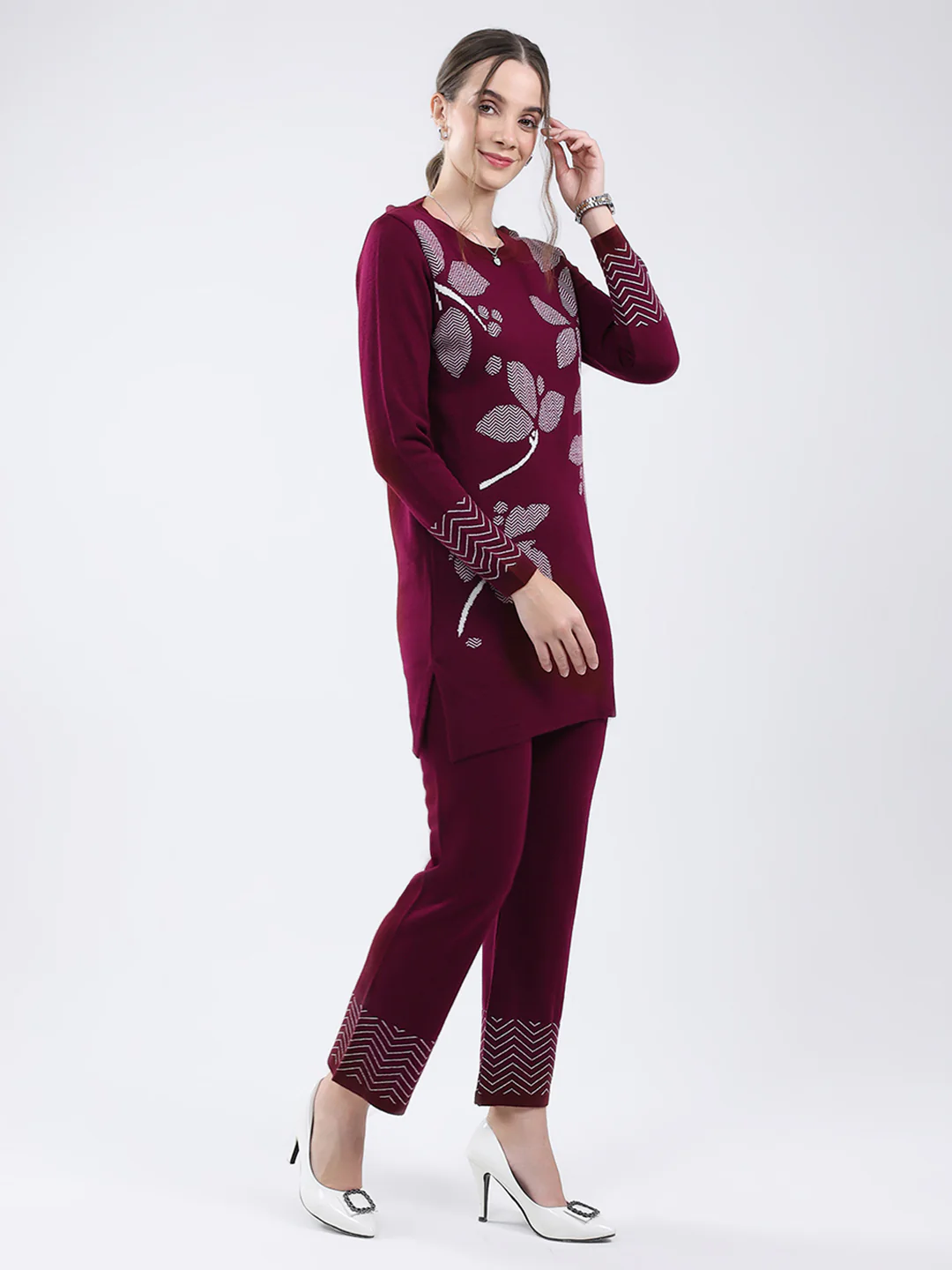 Women Burgundy Self Design Round Neck Full Sleeve Cords Set - Image 6