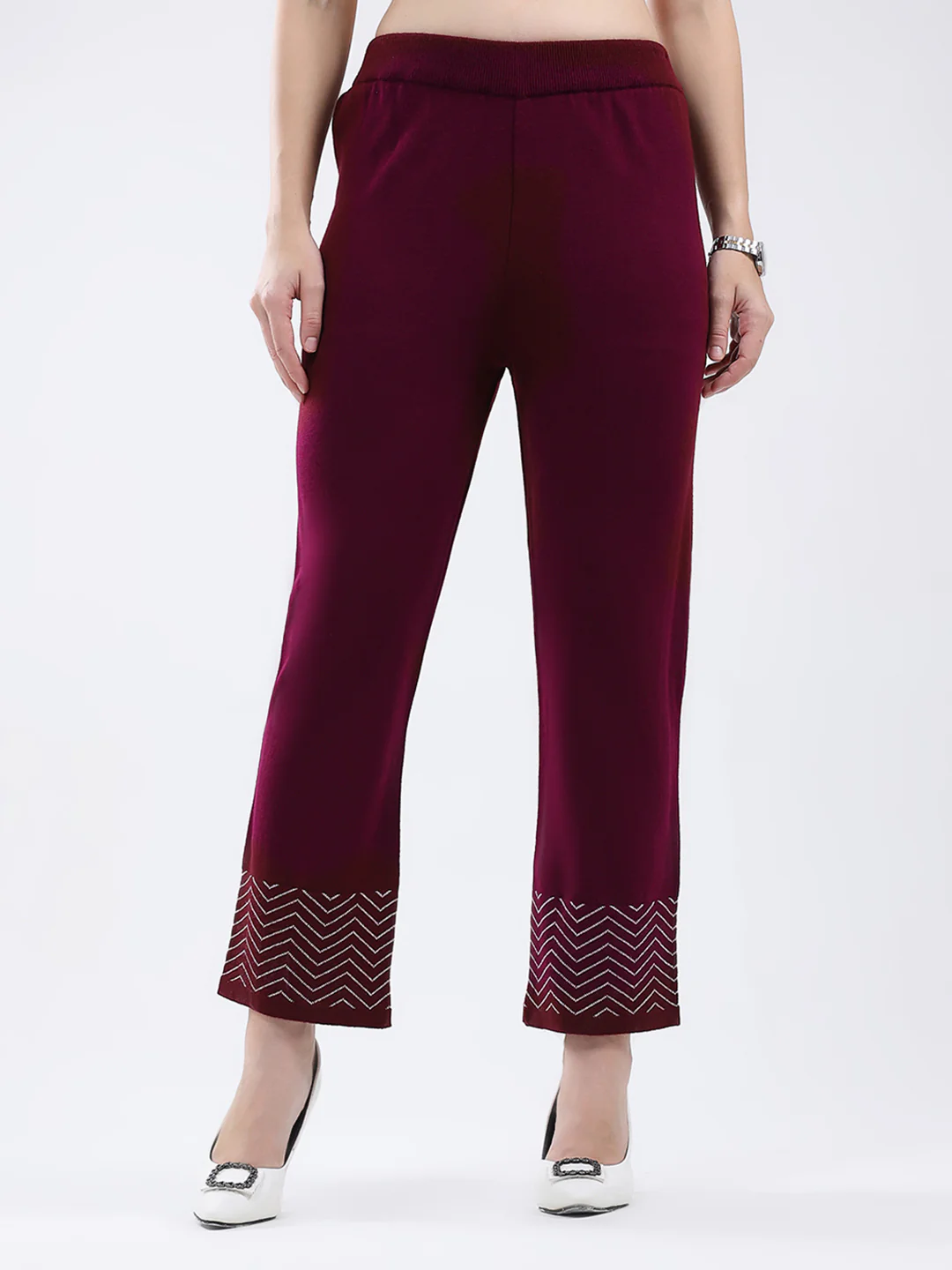 Women Burgundy Self Design Round Neck Full Sleeve Cords Set - Image 8