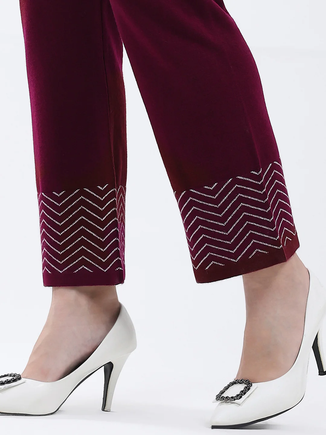 Women Burgundy Self Design Round Neck Full Sleeve Cords Set - Image 9