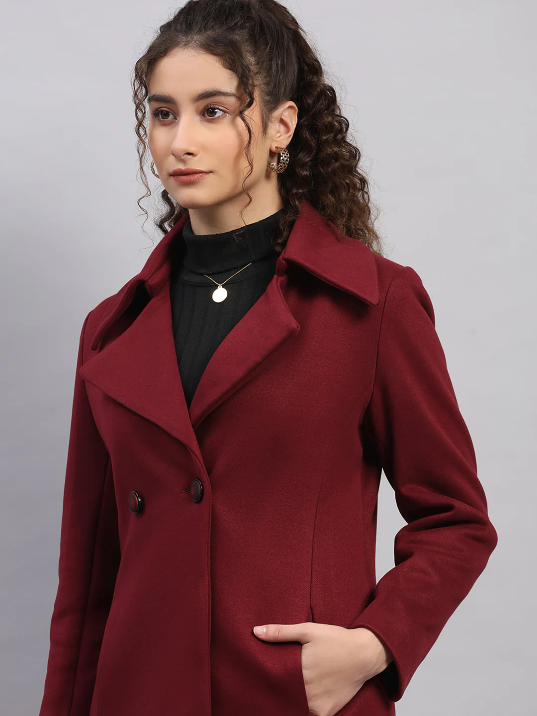 Women Burgundy Solid Collar Full Sleeve Coat - Image 7