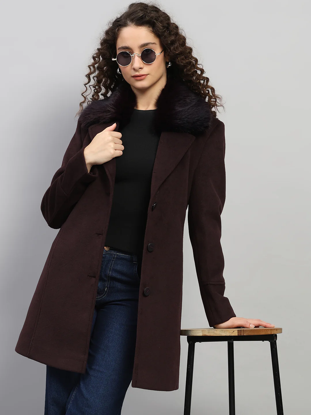 Women Burgundy Solid Collar Full Sleeve Coat - Image 6