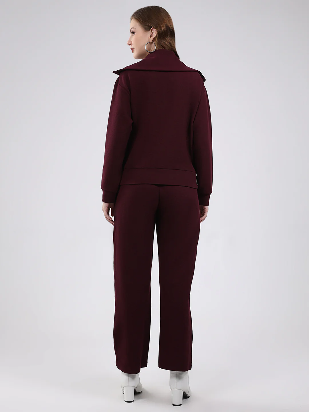 Women Burgundy Solid Collar Full Sleeve Cords Set - Image 5