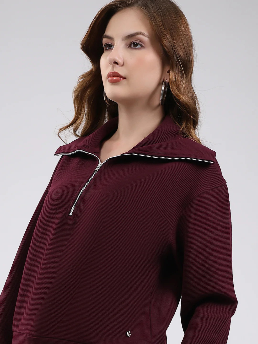 Women Burgundy Solid Collar Full Sleeve Cords Set - Image 6