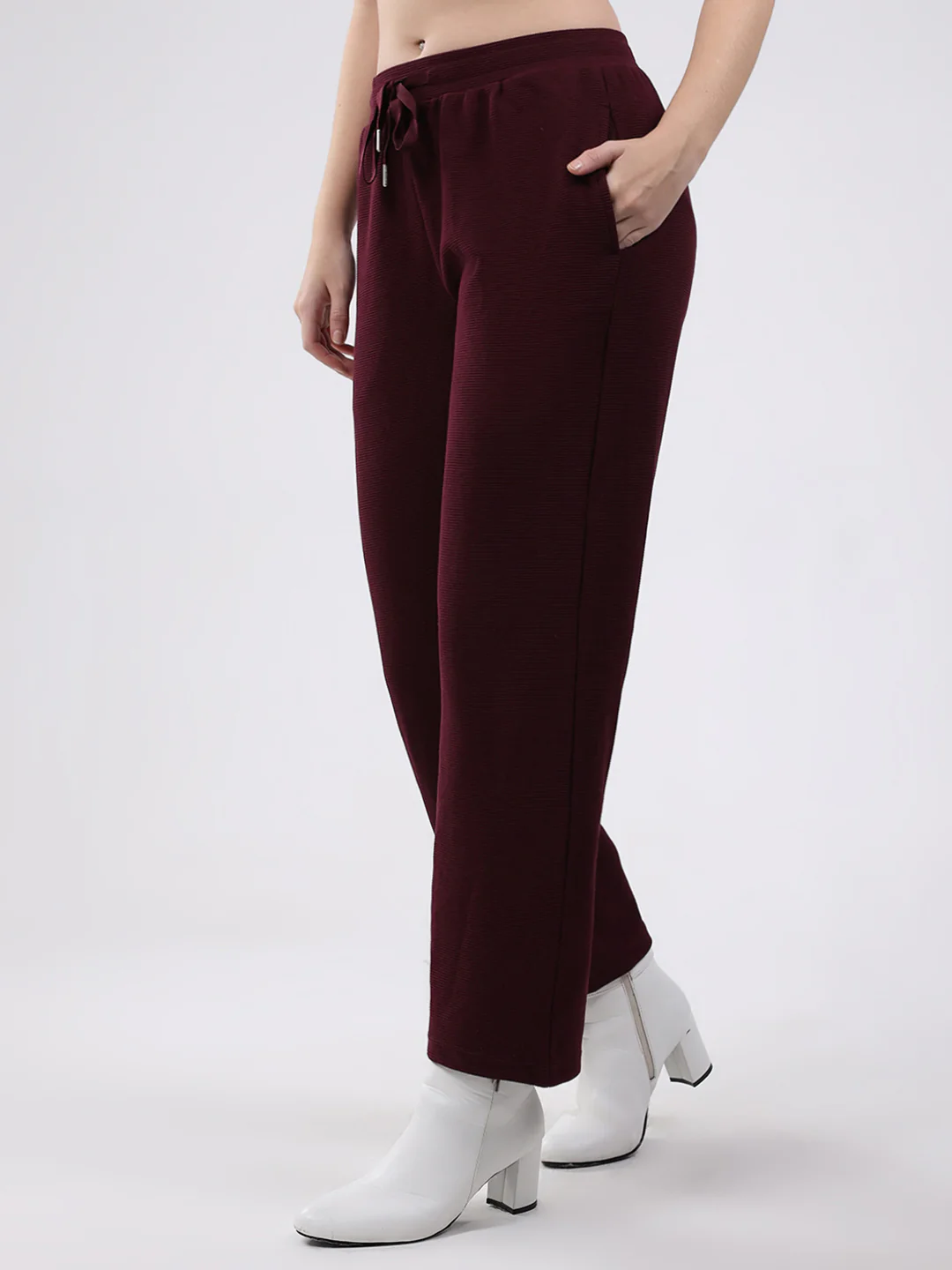 Women Burgundy Solid Collar Full Sleeve Cords Set - Image 7