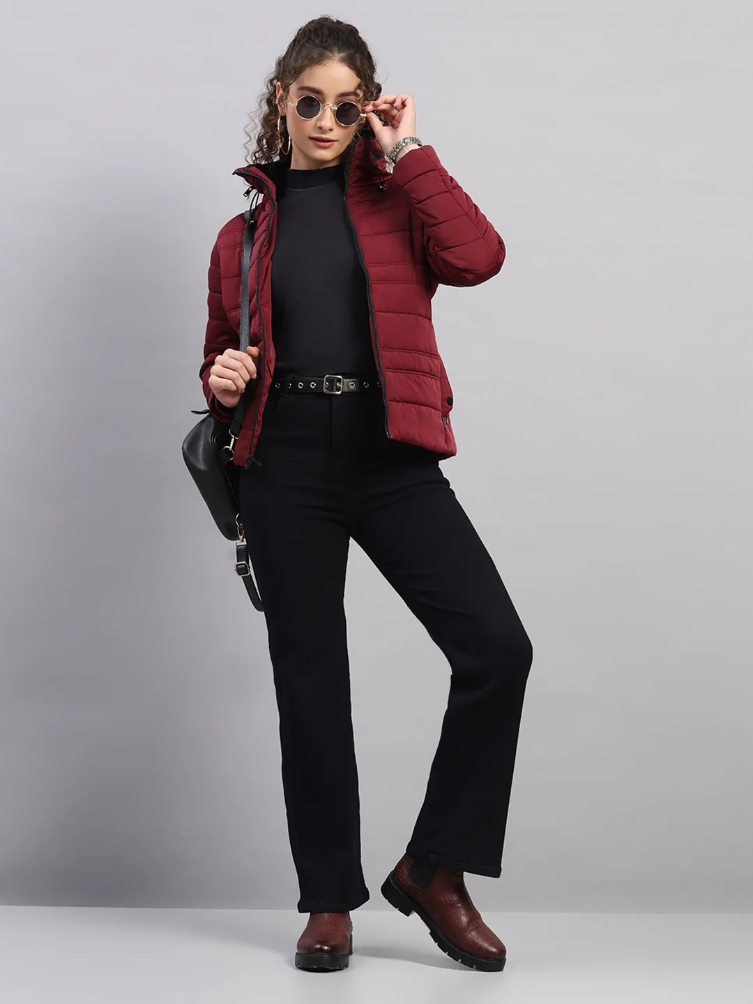 Women Burgundy Solid Collar Full Sleeve Jacket - Image 2