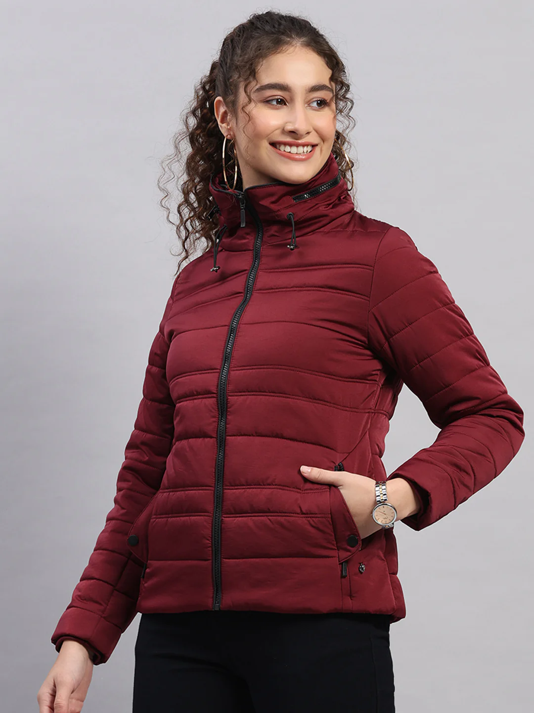 Women Burgundy Solid Collar Full Sleeve Jacket - Image 3