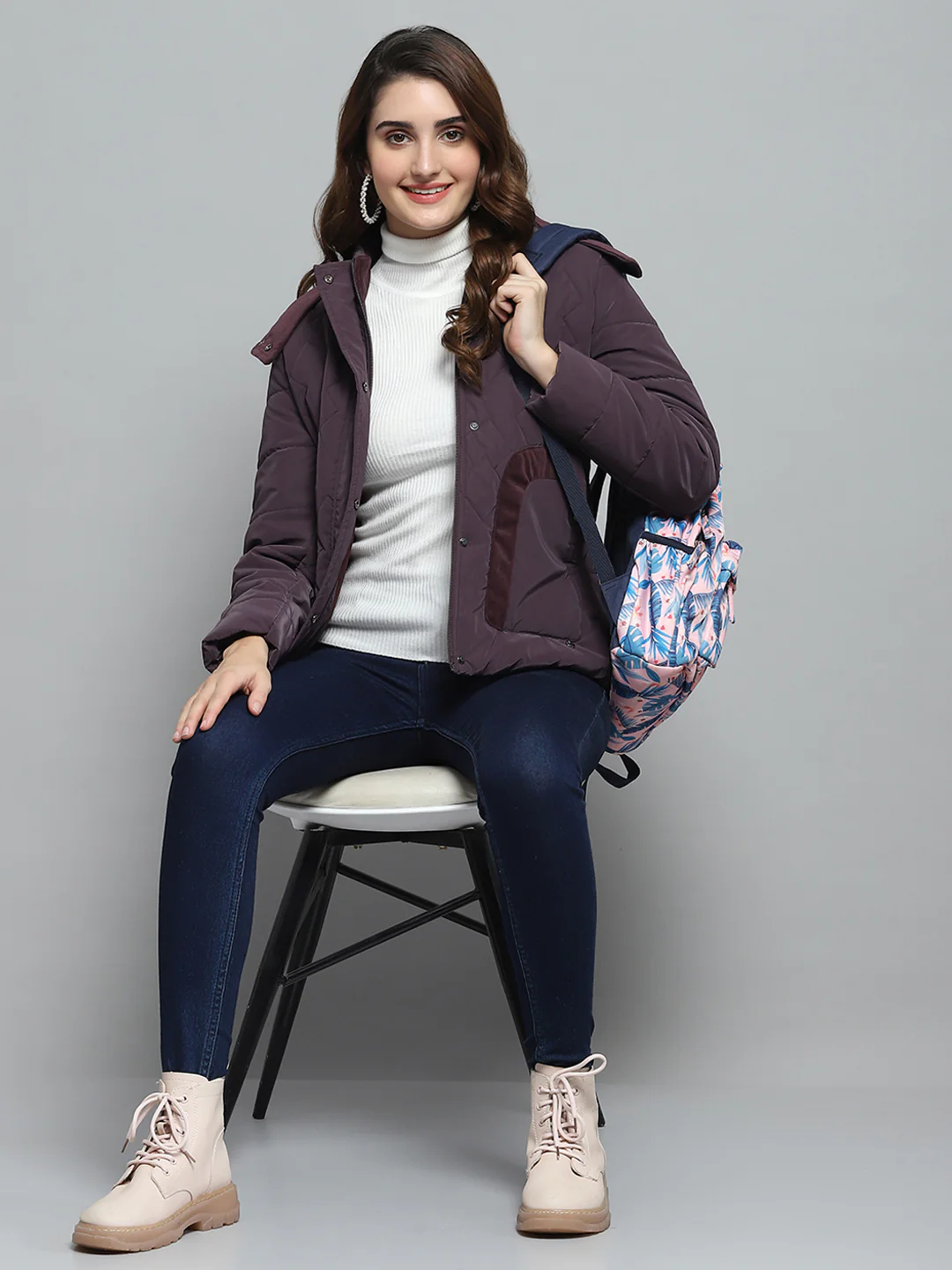 Women Burgundy Solid Detachable Hood Full Sleeve Jacket - Image 2