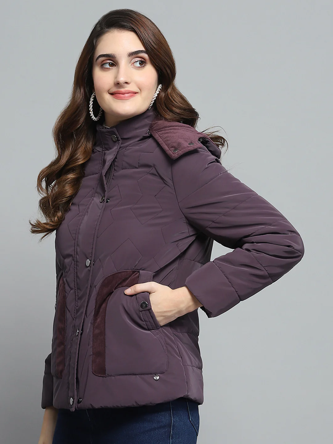 Women Burgundy Solid Detachable Hood Full Sleeve Jacket - Image 3