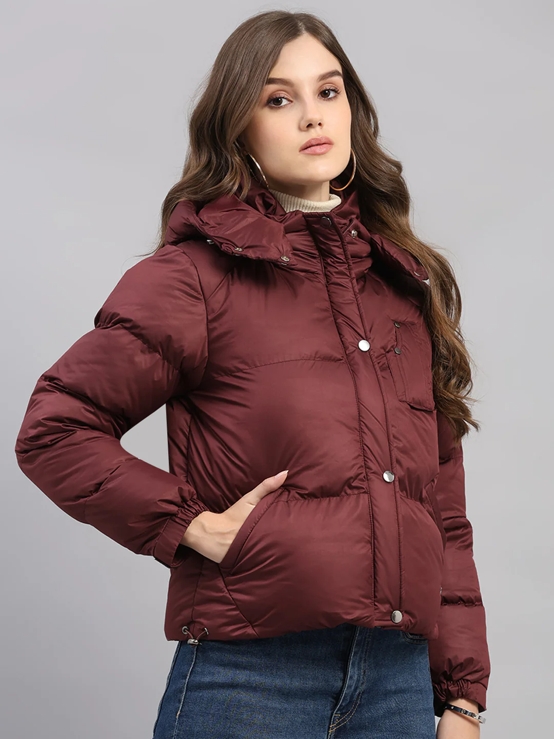 Women Burgundy Solid Hooded Full Sleeve Jacket - Image 4