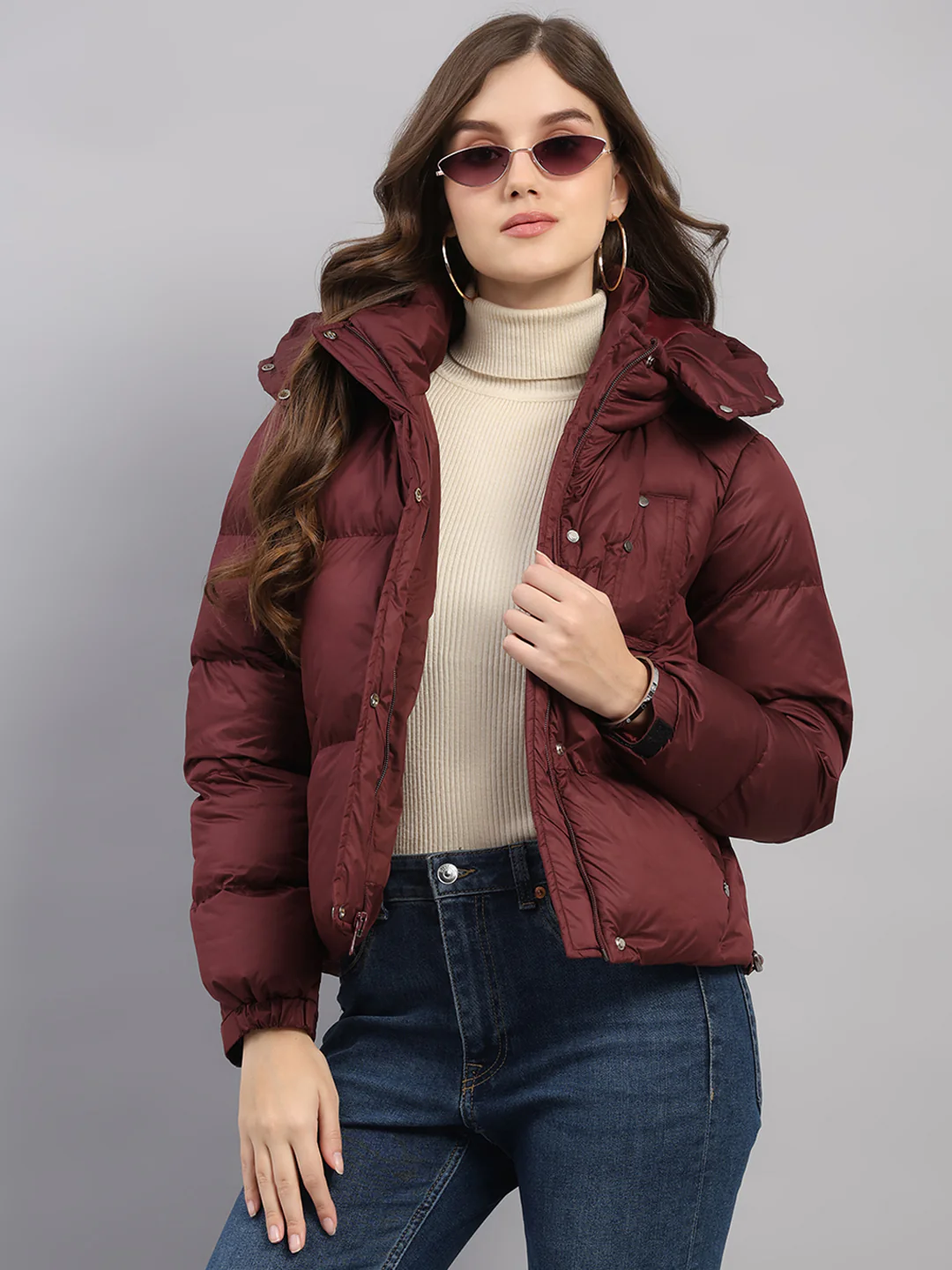 Women Burgundy Solid Hooded Full Sleeve Jacket - Image 6