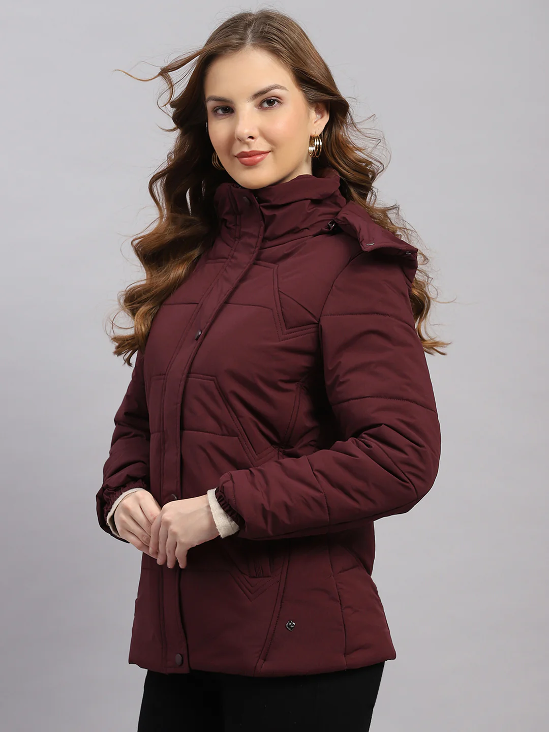 Women Burgundy Solid Hooded Full Sleeve Jacket - Image 3