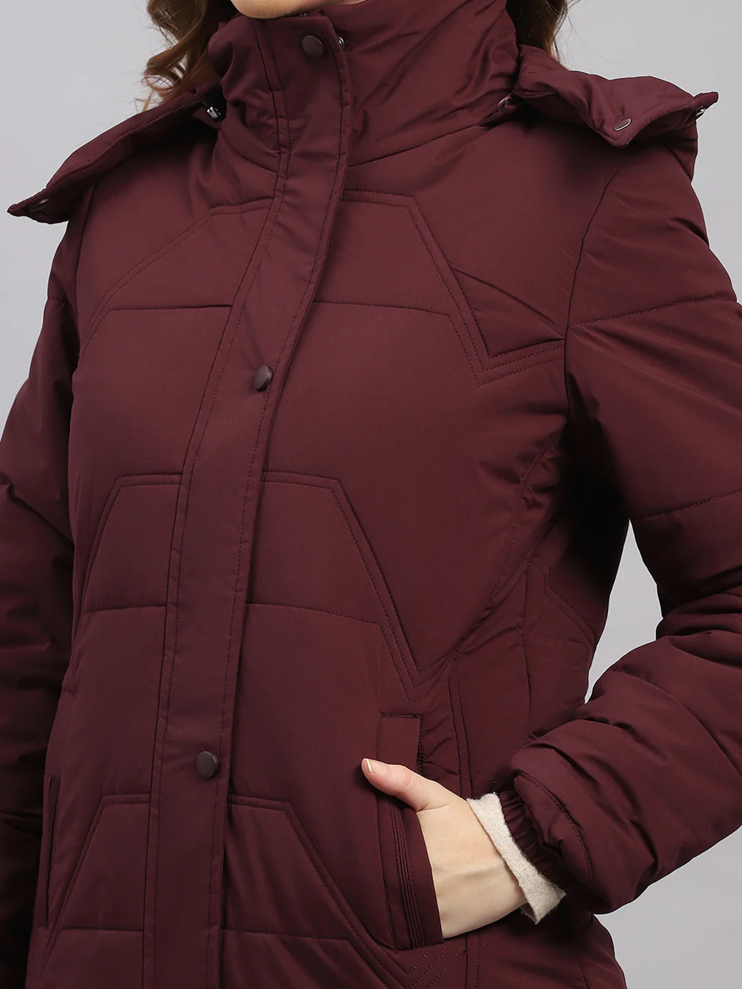 Women Burgundy Solid Hooded Full Sleeve Jacket - Image 6