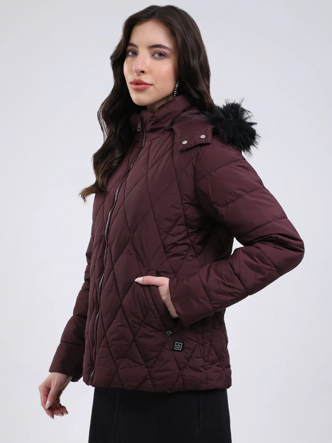 Women Burgundy Solid Hooded USB Intelligent Heating Jacket - Image 3