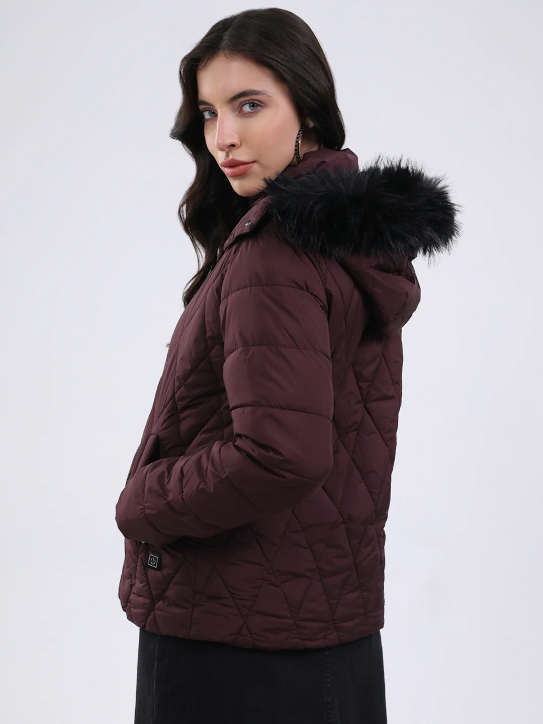 Women Burgundy Solid Hooded USB Intelligent Heating Jacket - Image 5