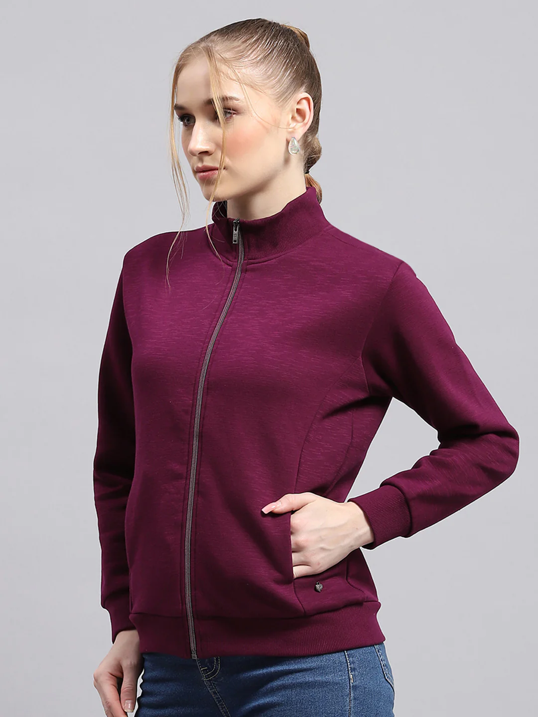 Women Burgundy Solid Mock Neck Full Sleeve Sweatshirt - Image 3