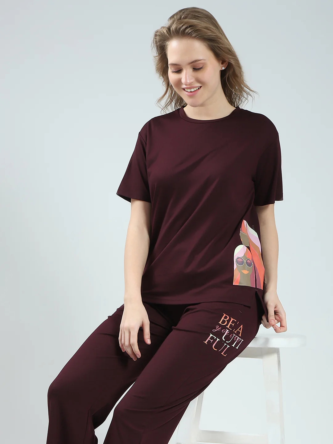 Women Burgundy Solid Round Neck Half Sleeve Lower Set - Image 6