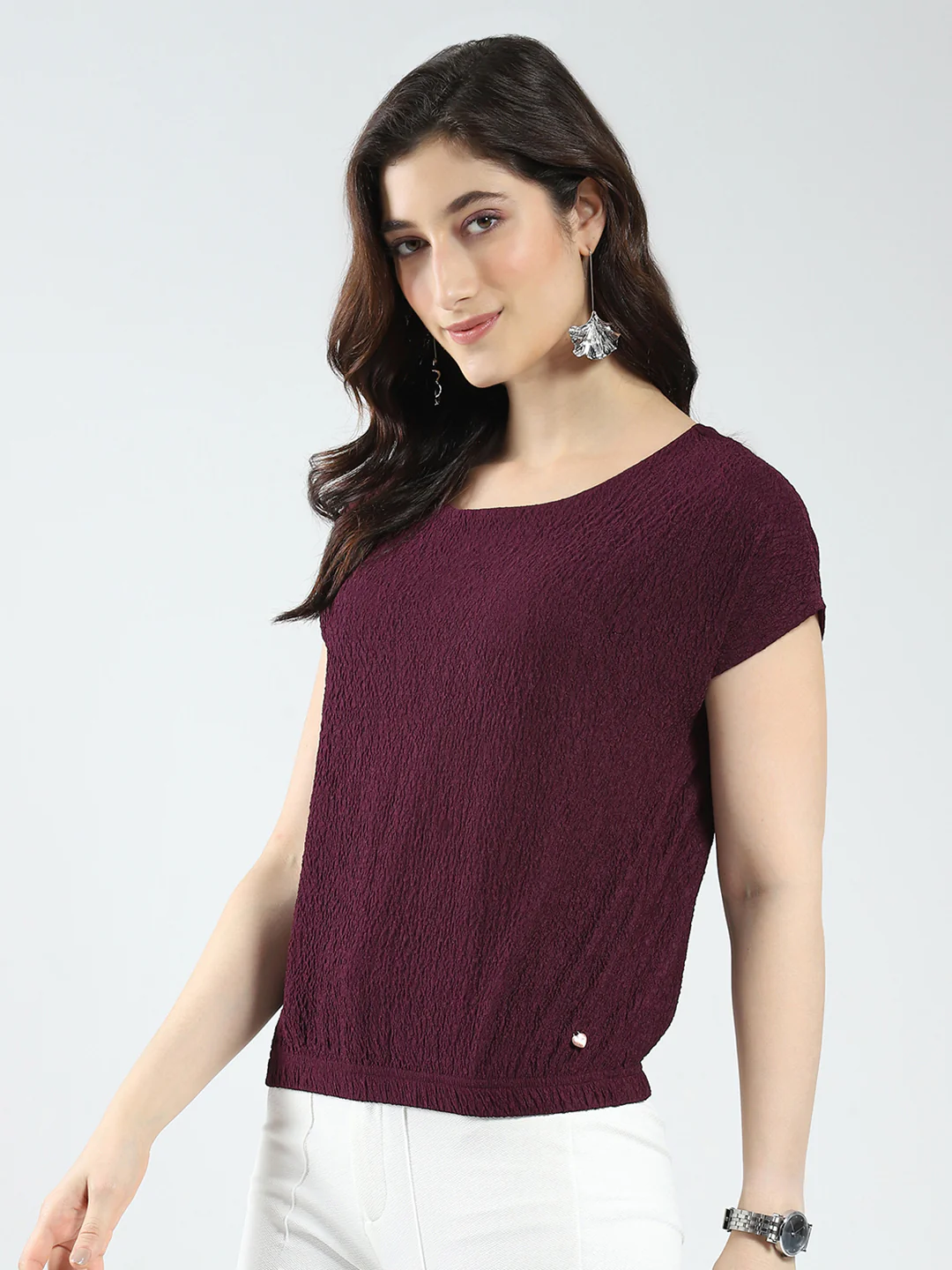 Women Burgundy Solid Round Neck Half Sleeve Top - Image 5