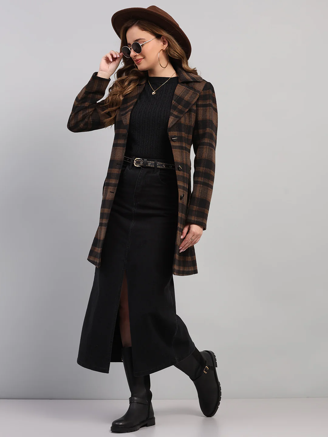 Women Camel Brown Check Collar Full Sleeve Coat - Image 2