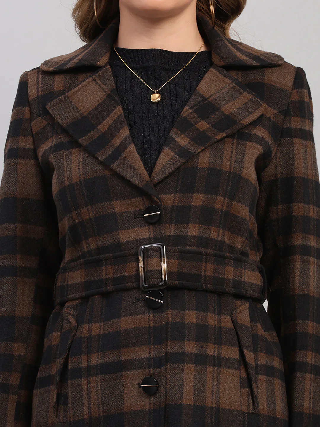 Women Camel Brown Check Collar Full Sleeve Coat - Image 6
