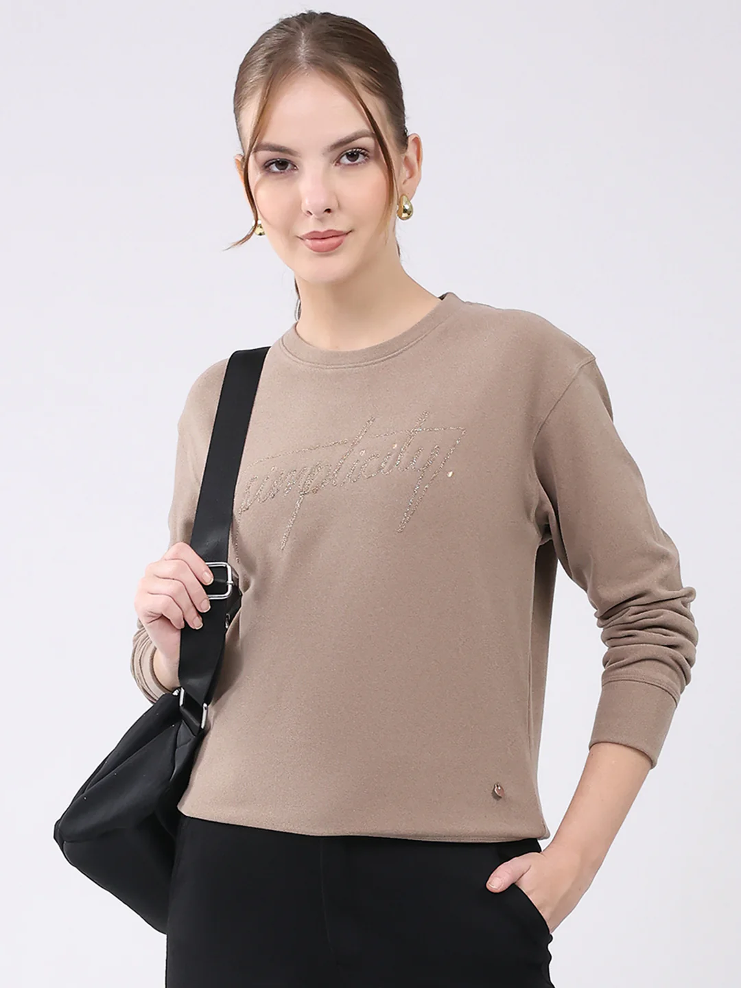 Women Camel Brown Embroidered Round Neck Full Sleeve Winter Top - Image 6