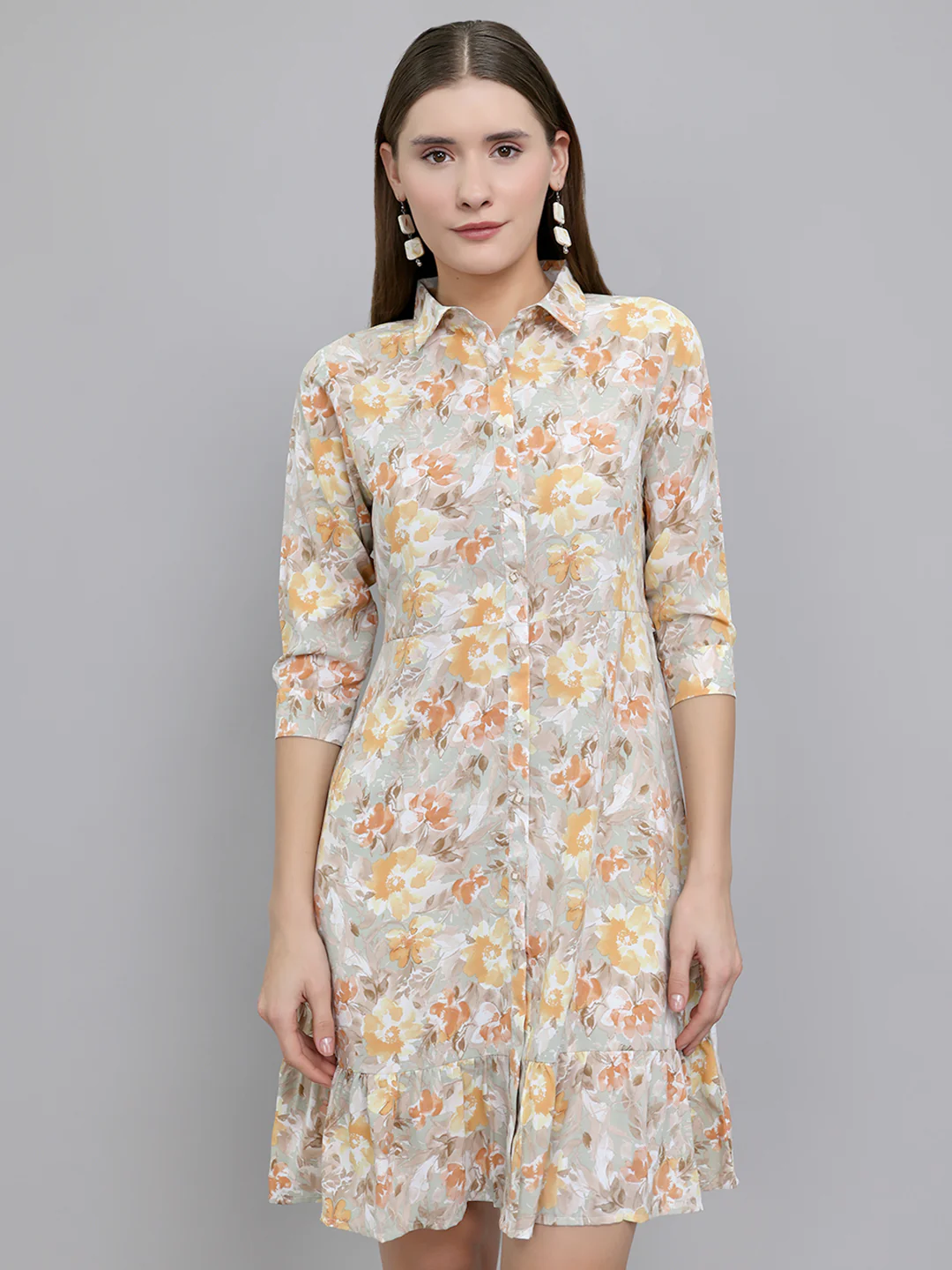 Women Camel Brown Floral Print Collar 3/4th Sleeve Tunic