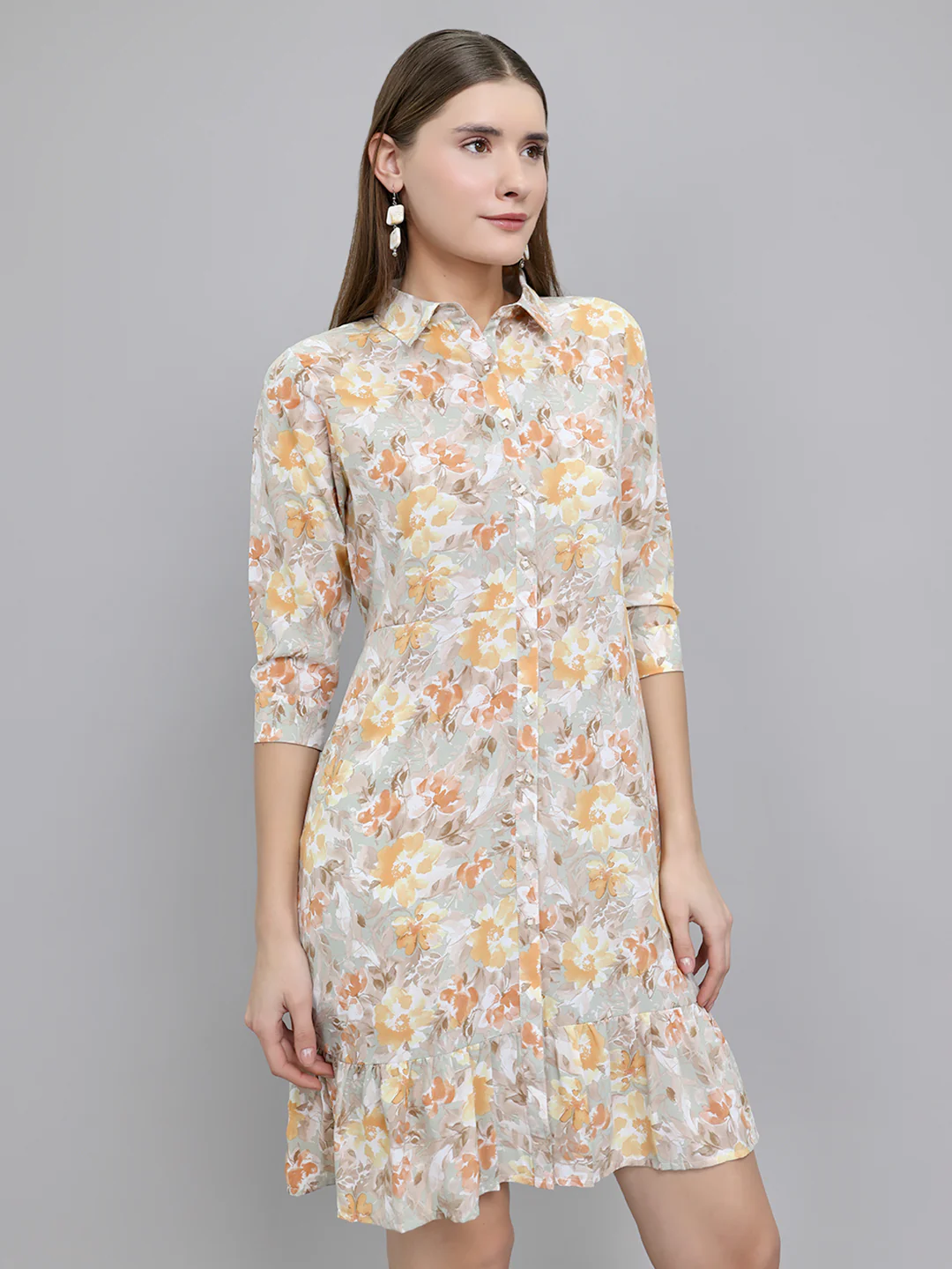 Women Camel Brown Floral Print Collar 3/4th Sleeve Tunic - Image 3