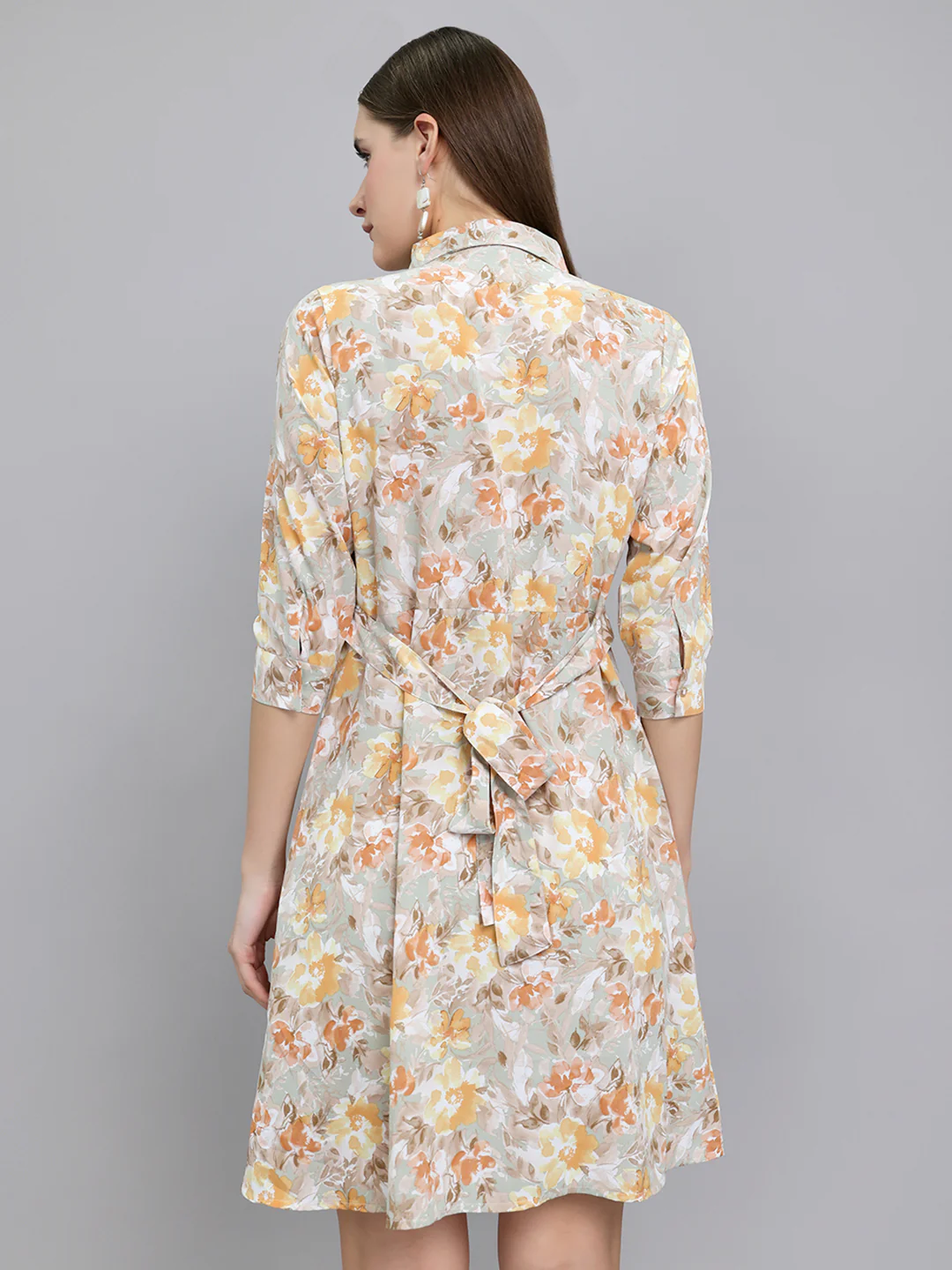 Women Camel Brown Floral Print Collar 3/4th Sleeve Tunic - Image 4