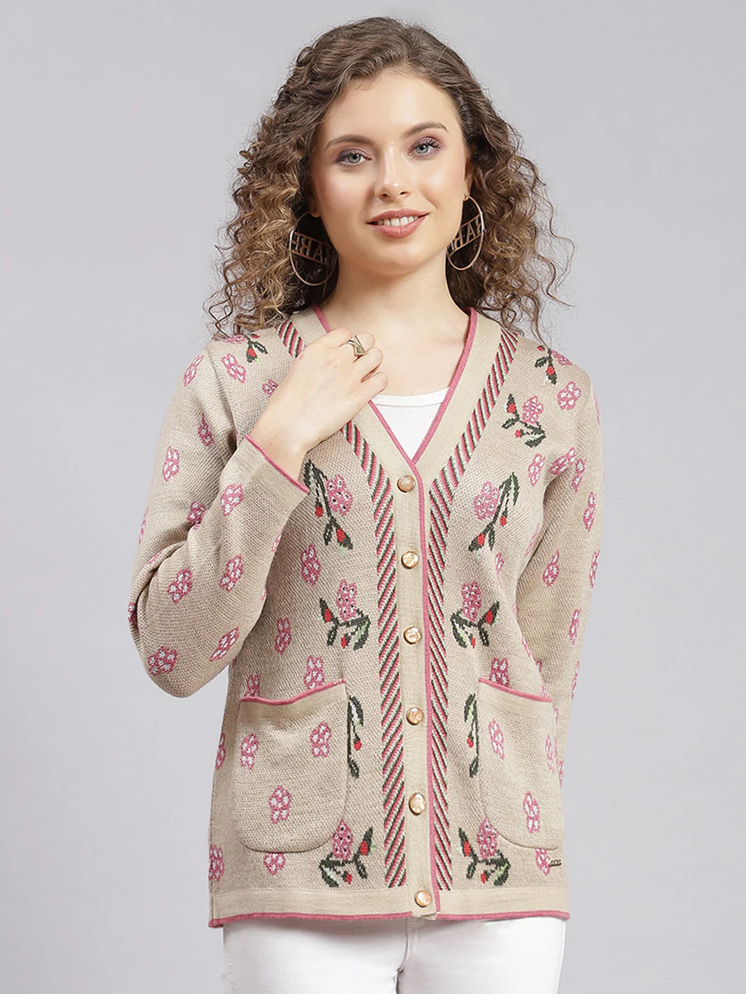 Women Camel Brown Jaquard Wool blend Cardigan