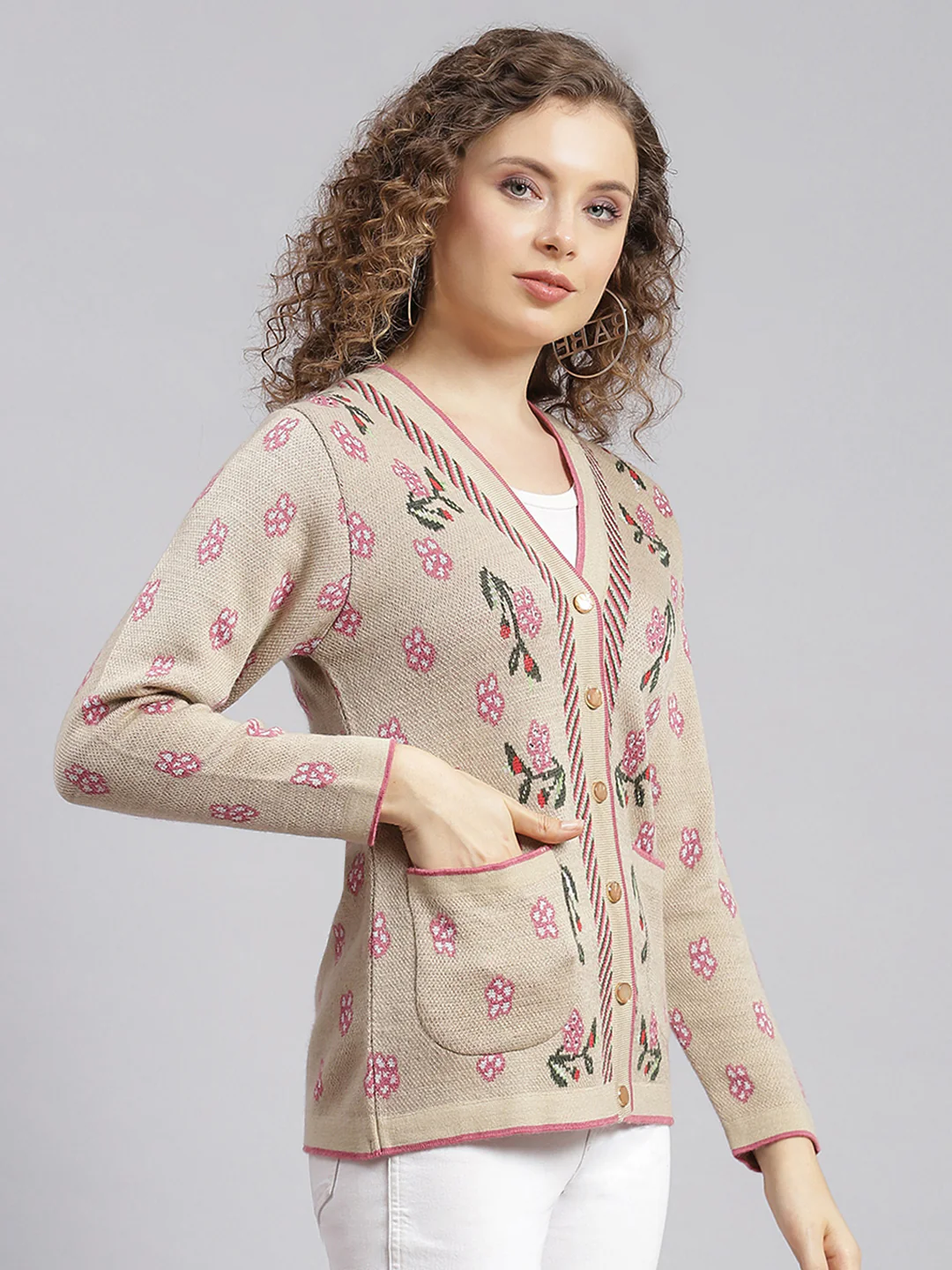 Women Camel Brown Jaquard Wool blend Cardigan - Image 2