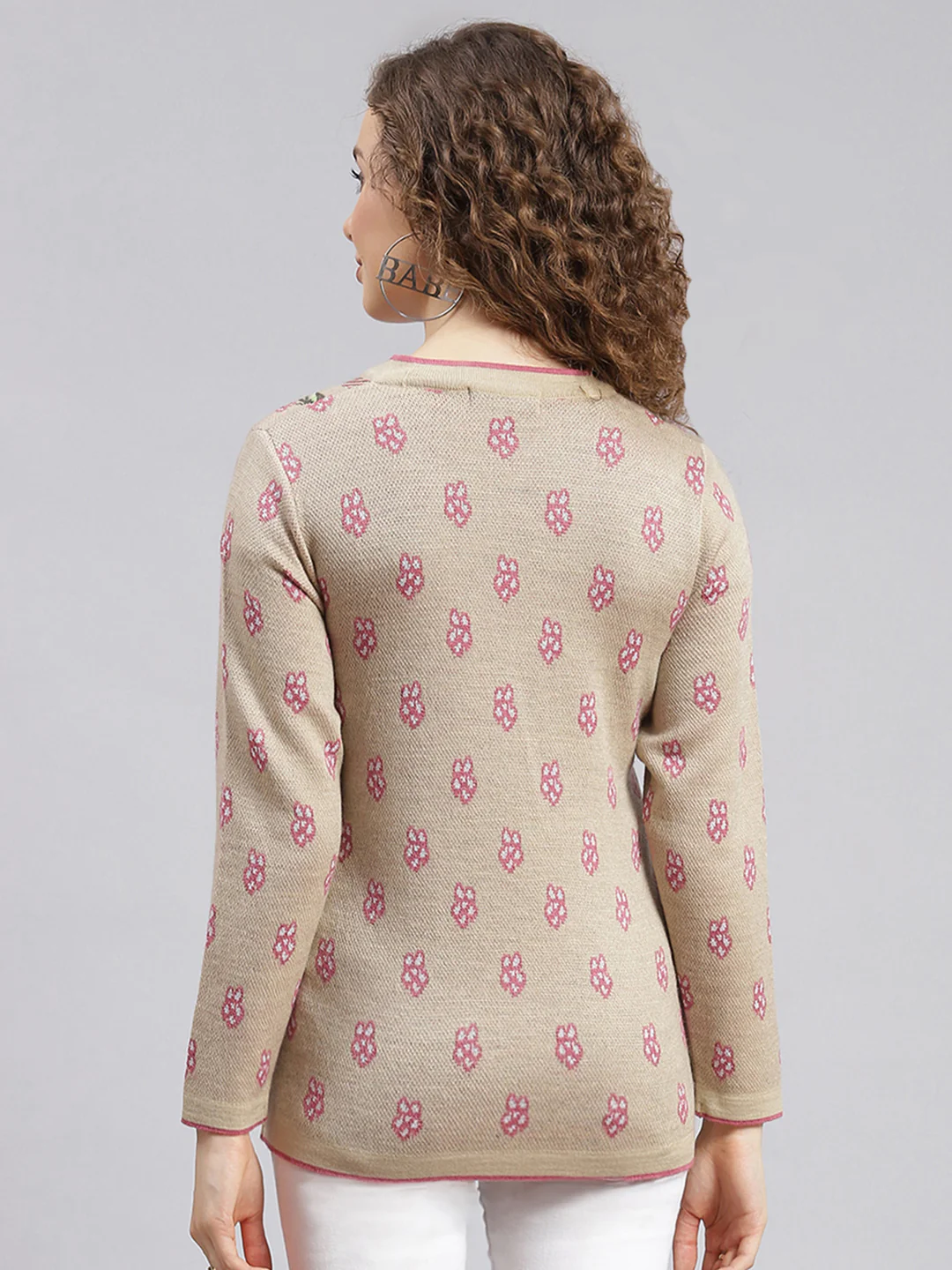 Women Camel Brown Jaquard Wool blend Cardigan - Image 4