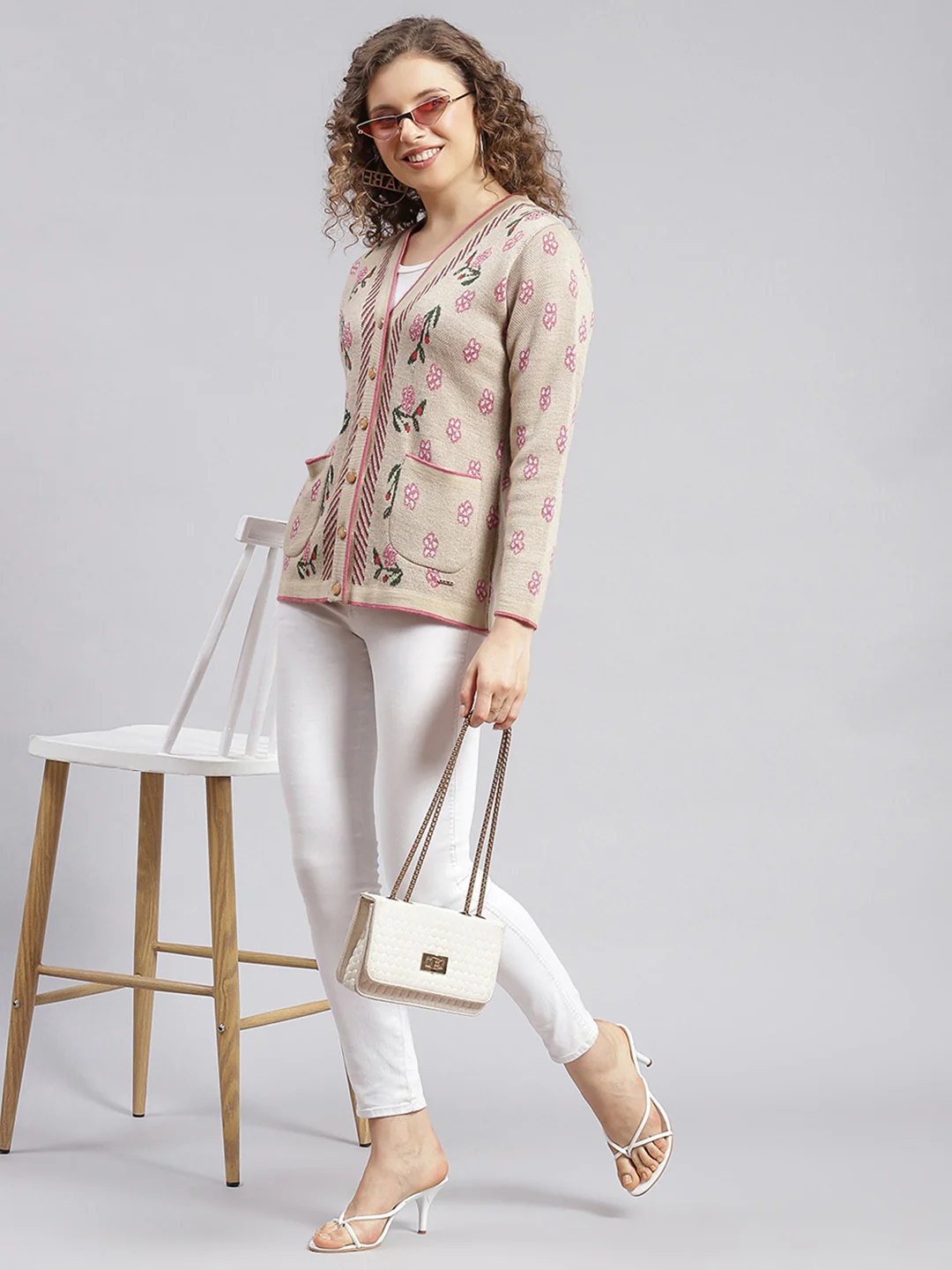 Women Camel Brown Jaquard Wool blend Cardigan - Image 5