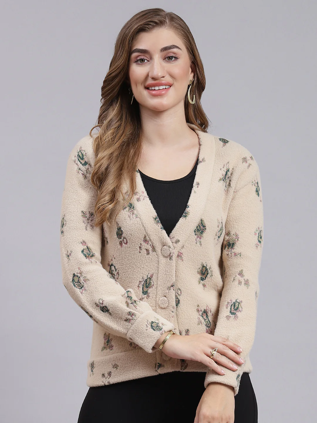 Women Camel Brown Jaquard Wool blend Cardigan
