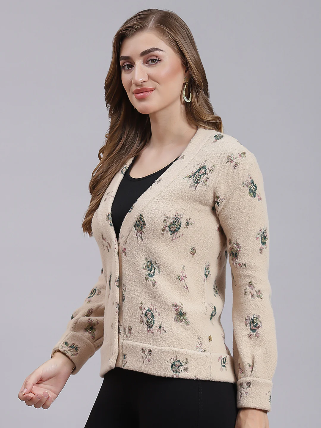 Women Camel Brown Jaquard Wool blend Cardigan - Image 3