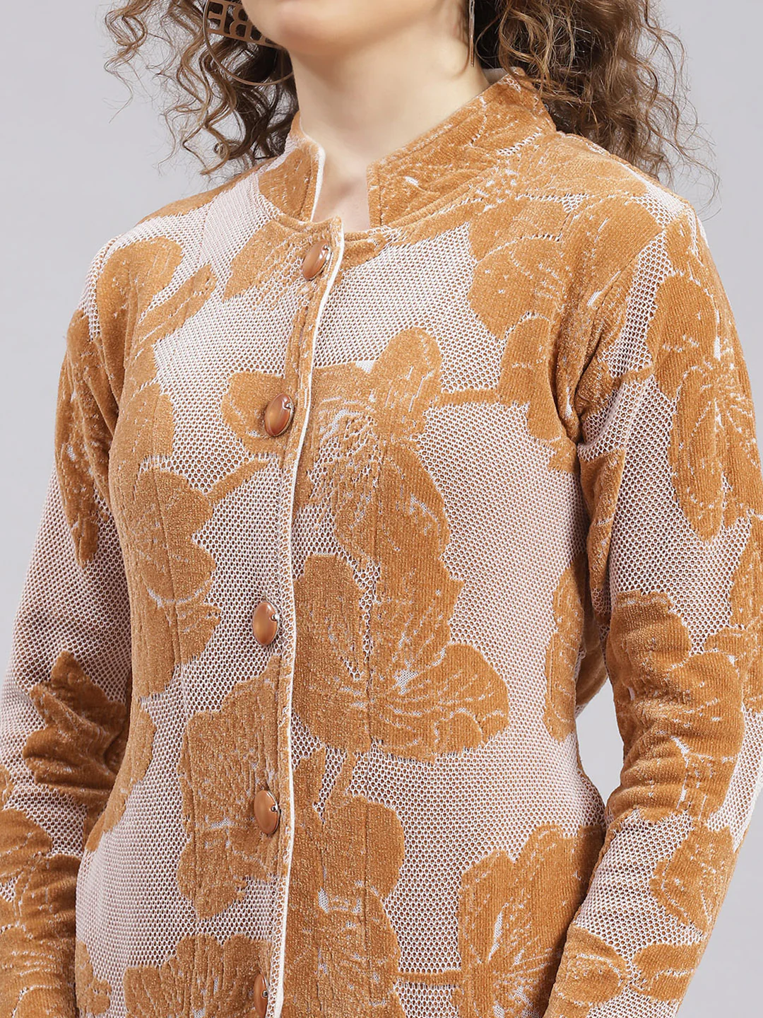 Women Camel Brown Jaquard Wool blend Knitted Coat - Image 6