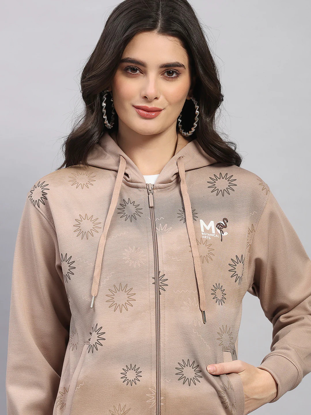 Women Camel Brown Printed Hooded Full Sleeve Sweatshirt - Image 7