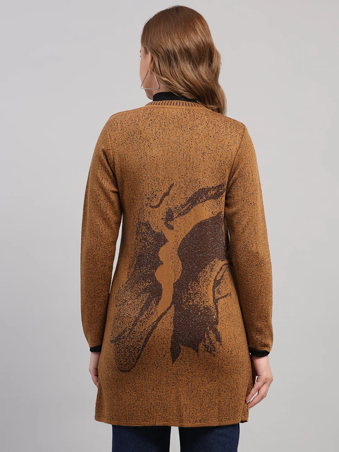 Women Camel Brown Printed Round Neck Full Sleeve Cardigan - Image 5