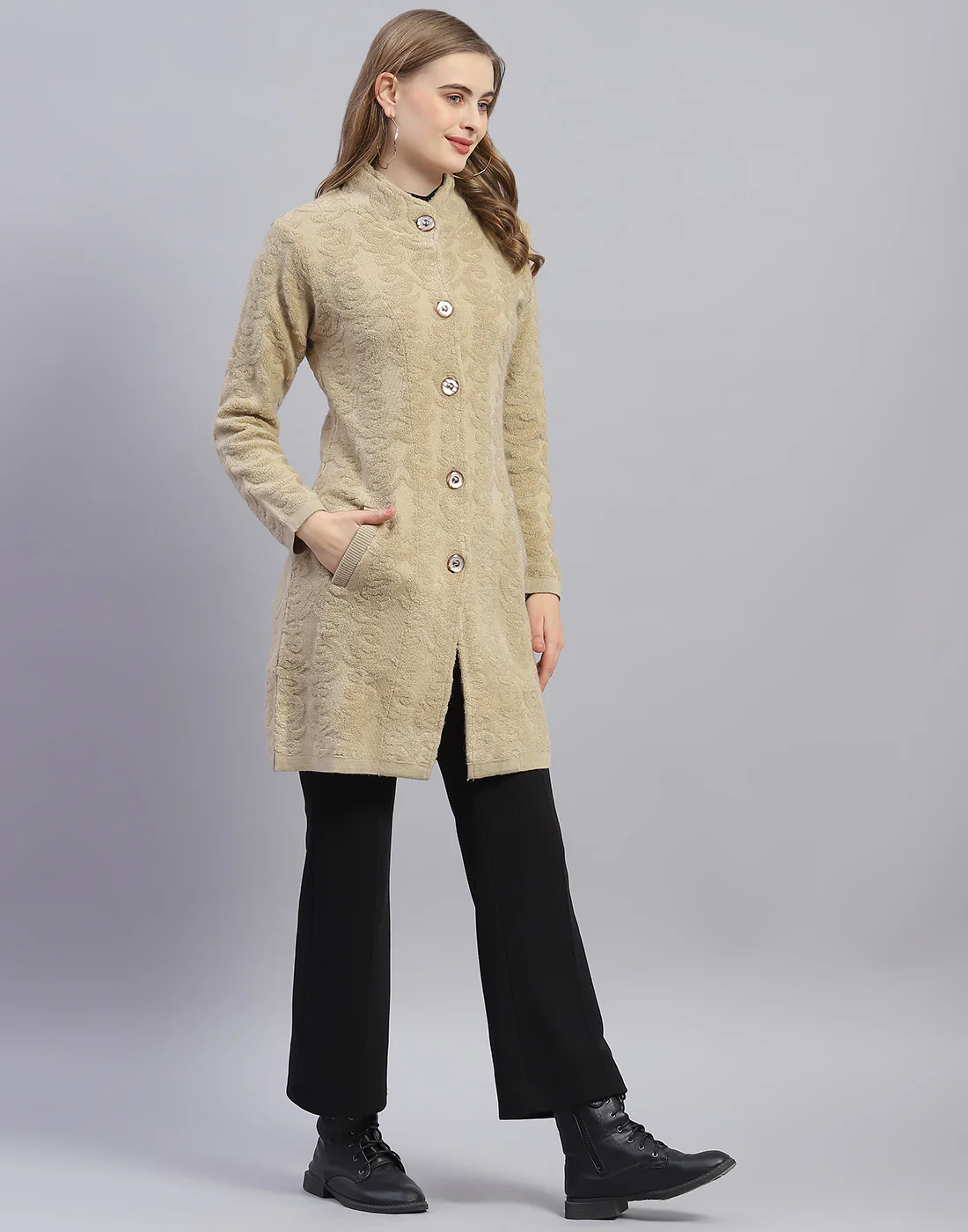 Women Camel Brown Printed Round Neck Full Sleeve Coat - Image 4