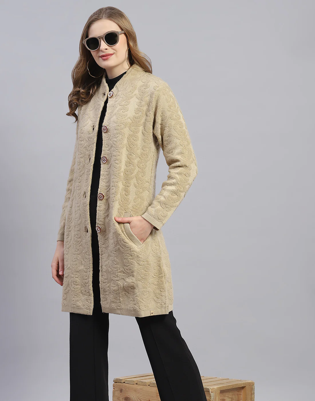 Women Camel Brown Printed Round Neck Full Sleeve Coat - Image 6