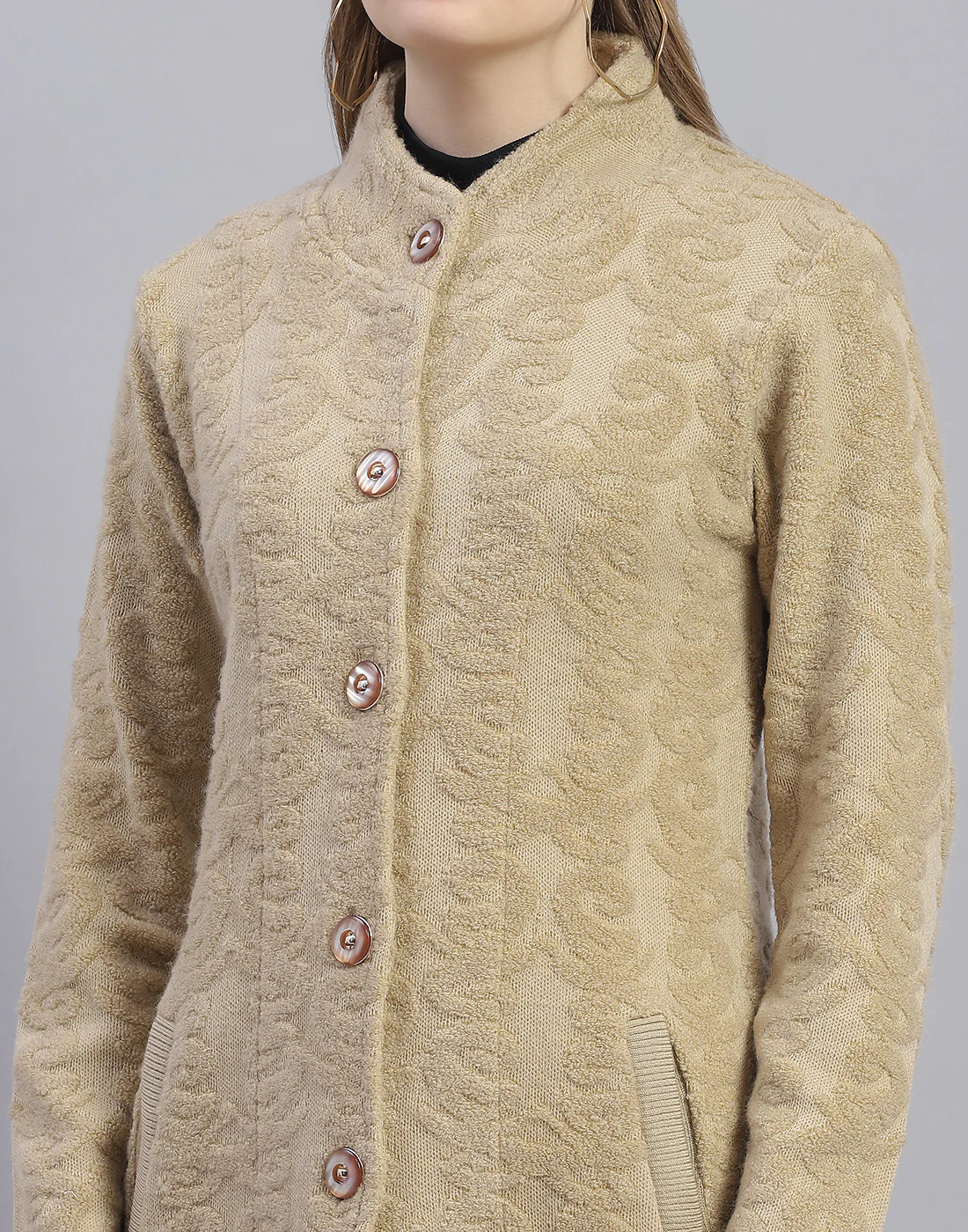 Women Camel Brown Printed Round Neck Full Sleeve Coat - Image 7