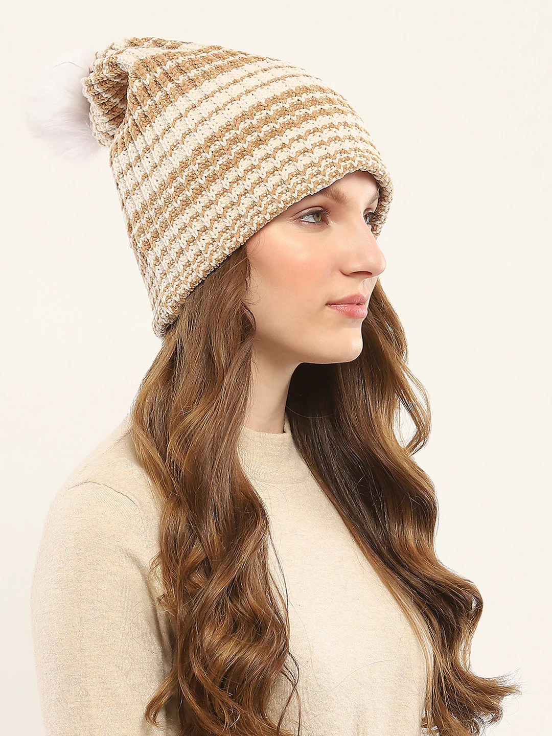 Women Camel Brown Self Design Cap - Image 4