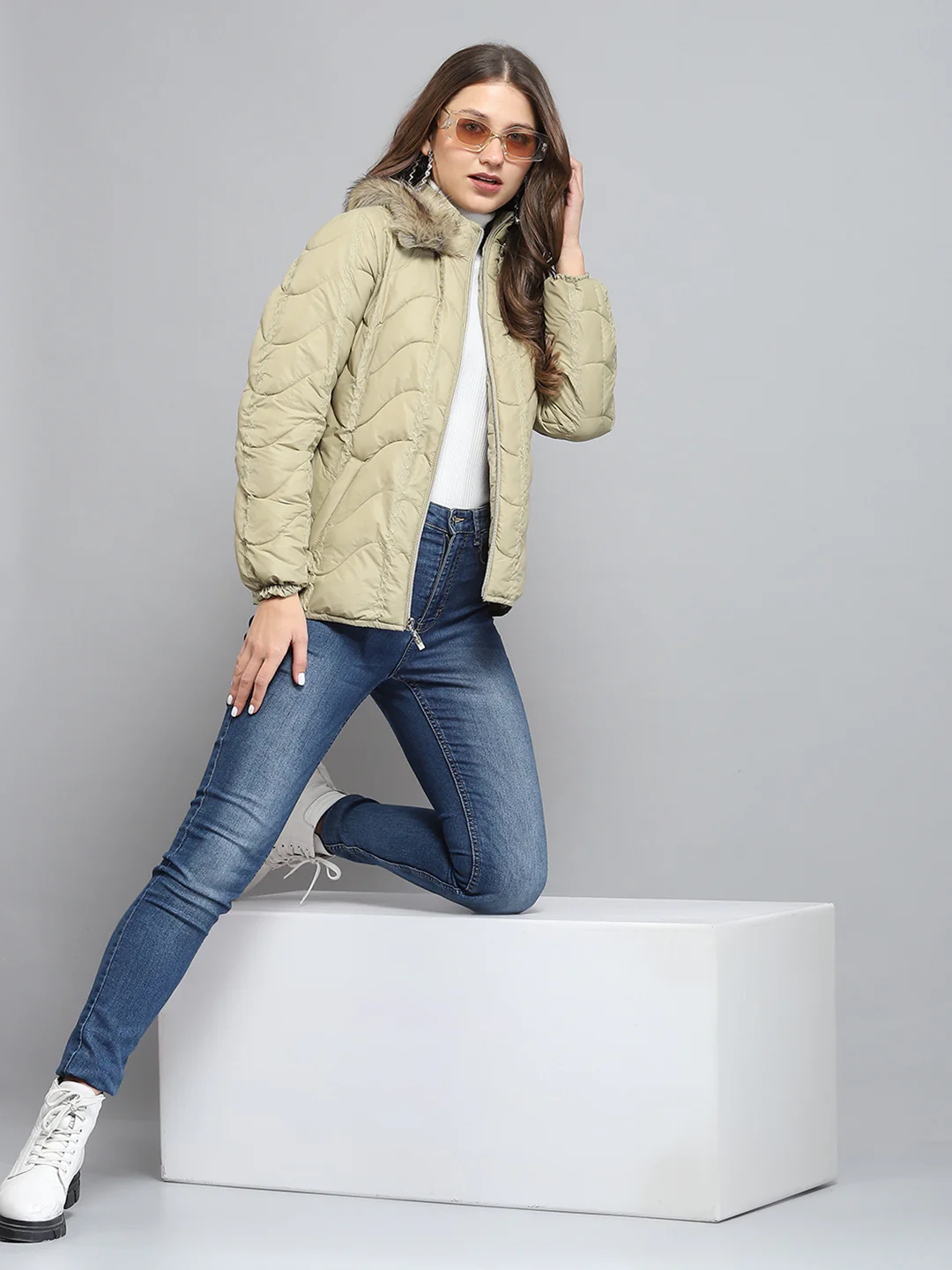 Women Camel Brown Self Design Collar Full Sleeve Jacket - Image 2