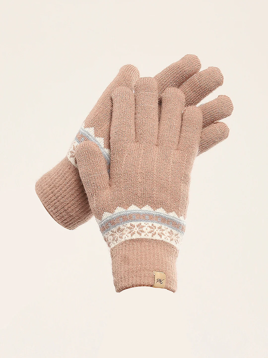 Women Camel Brown Self Design Gloves - Image 2